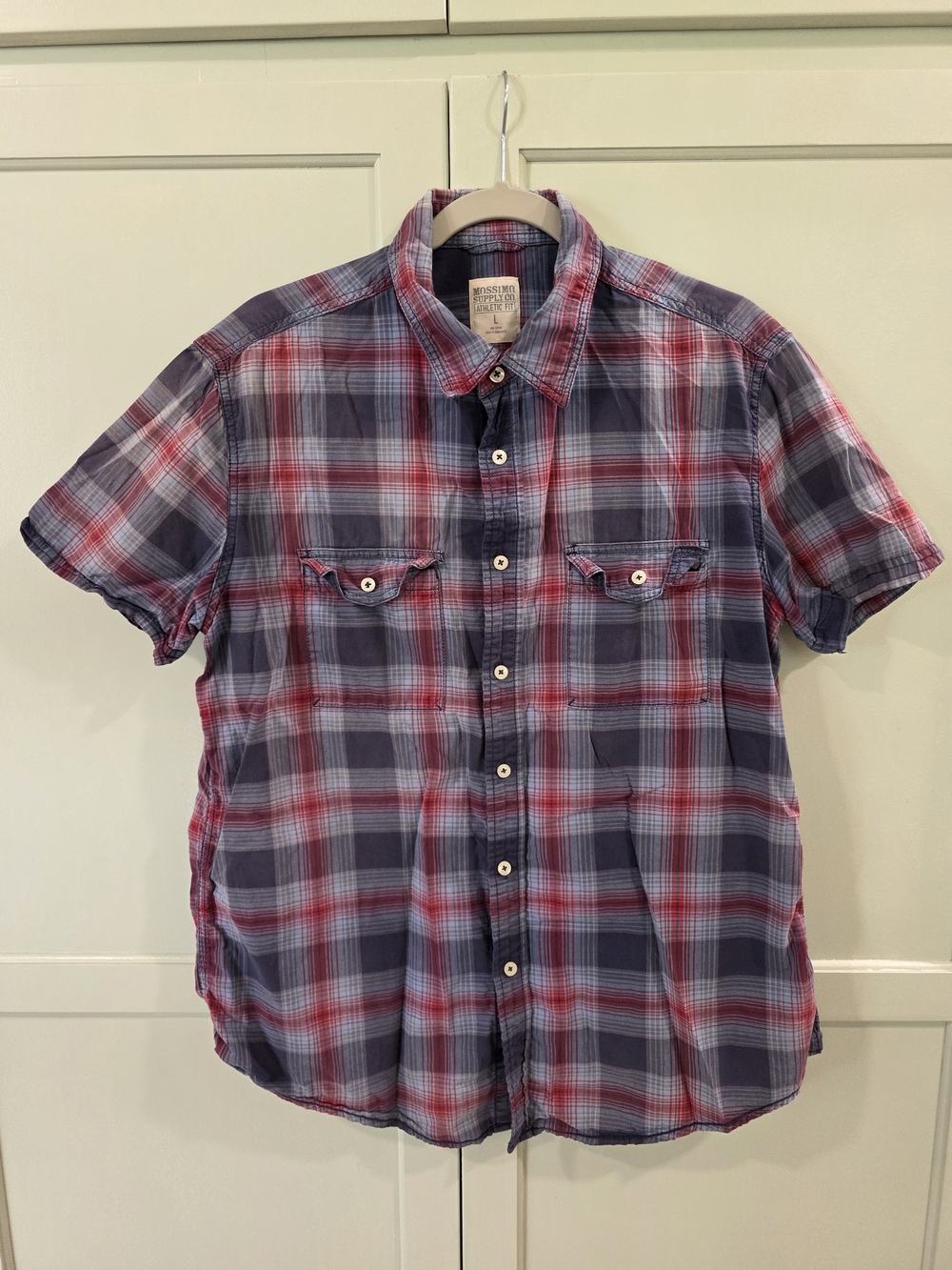 Mossimo Button-Up Shirt Mens Large Blue Plaid Y2K VTG Made in USA Short Sleeve